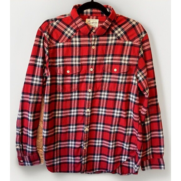 Lucky Brand Flannel Shirt Mens M Red Plaid Button Up‎ Classic Fit Soft Cotton - Picture 1 of 9